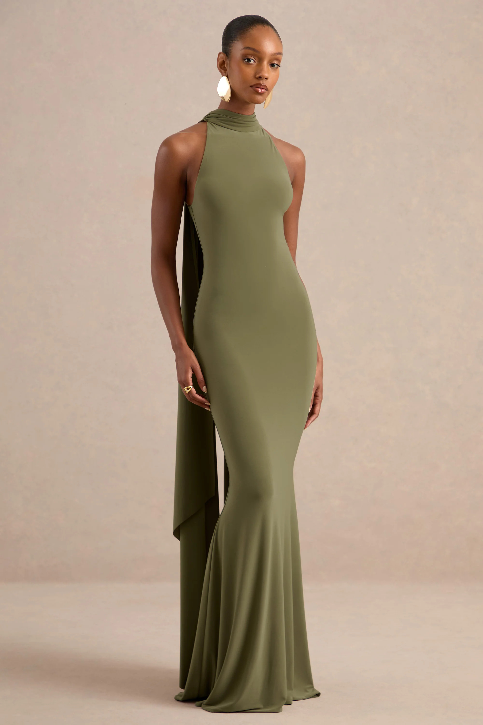 Cordy | Olive High-Neck Maxi Dress With Cape | Club L London