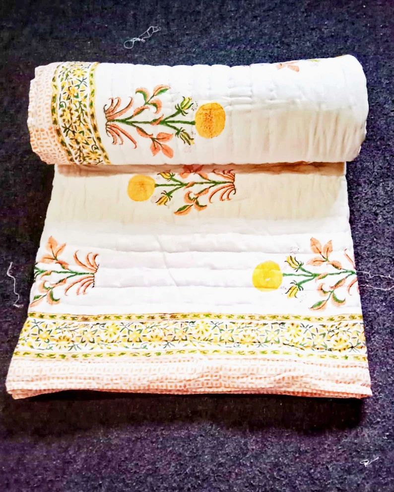 beautiful yellow flower and similar jaal combination at another side of quilt which made by hand ... | Etsy (US)