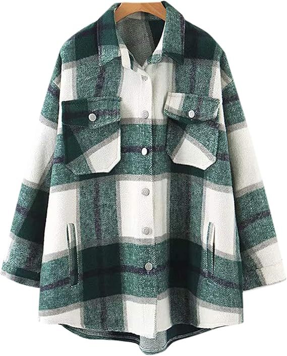 QZUnique Short Shacket Coat Women Wool Blend Shirts Outwear Oversized Plaid Jacket Loose Top Butt... | Amazon (US)