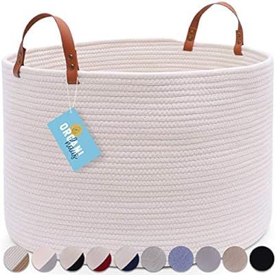 OrganiHaus XXL Extra Large Cotton Rope Basket with Real Leather Handles | Wide 20"x13.3" Woven Bl... | Amazon (US)