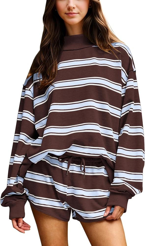 calbatic Women Striped Mock Neck Sweatshirt 2 Piece Outfits Oversized Pullover Elastic Waist Shor... | Amazon (US)