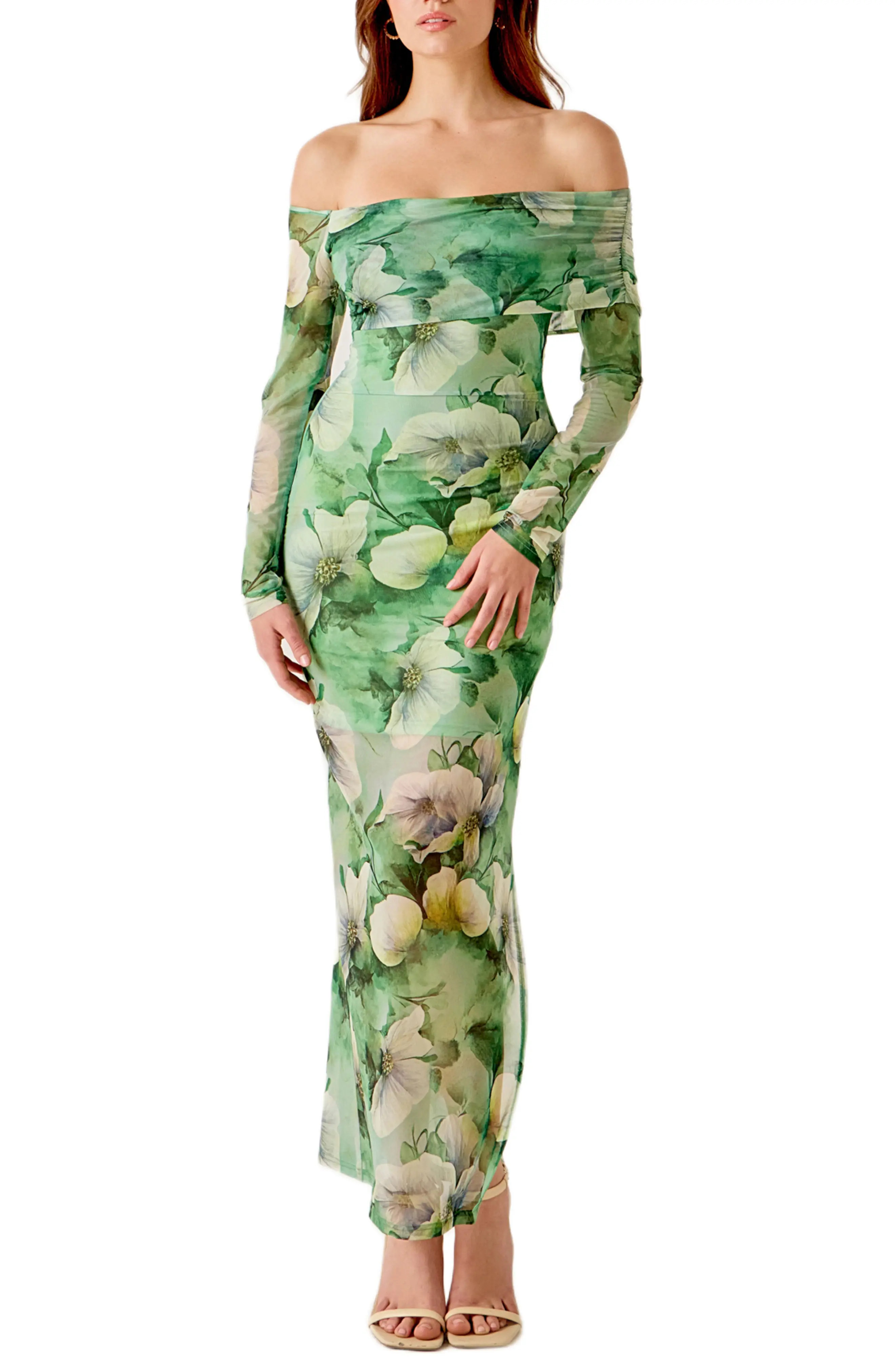 Long Sleeve Floral Mesh Off the Shoulder Maxi Dress (Women) | Nordstrom | Nordstrom