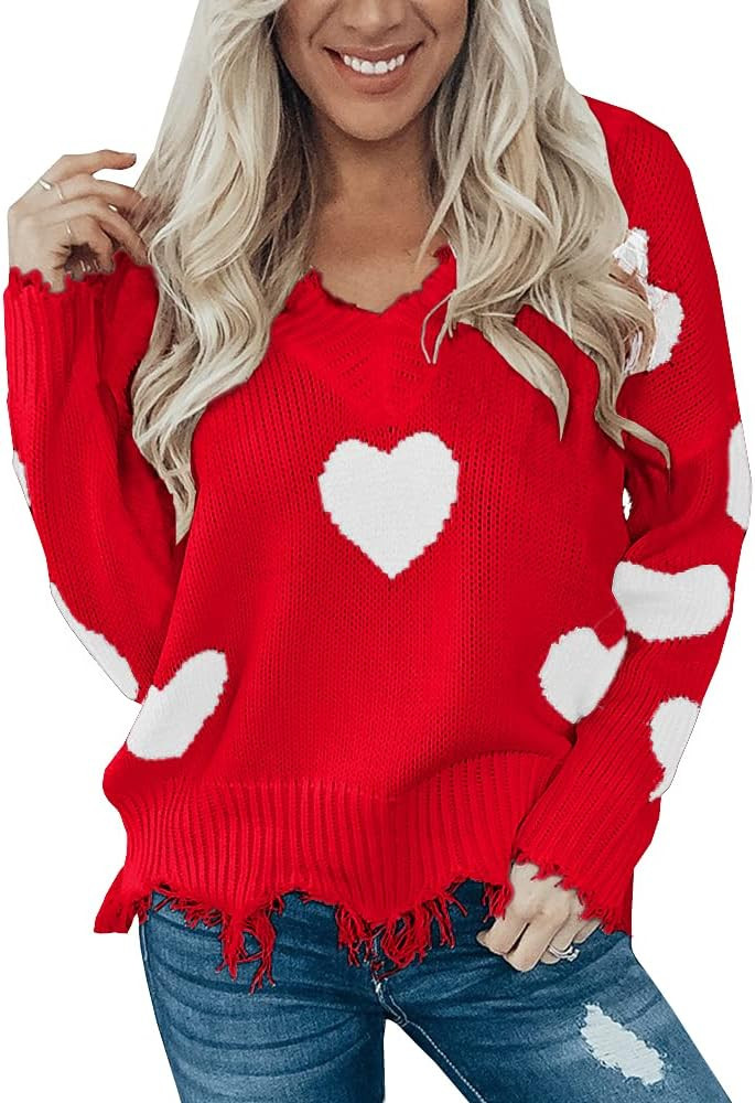 Women's Heart Pattern Ripped Sweater V Neck Distressed Knit Pullover Jumper Top | Amazon (US)