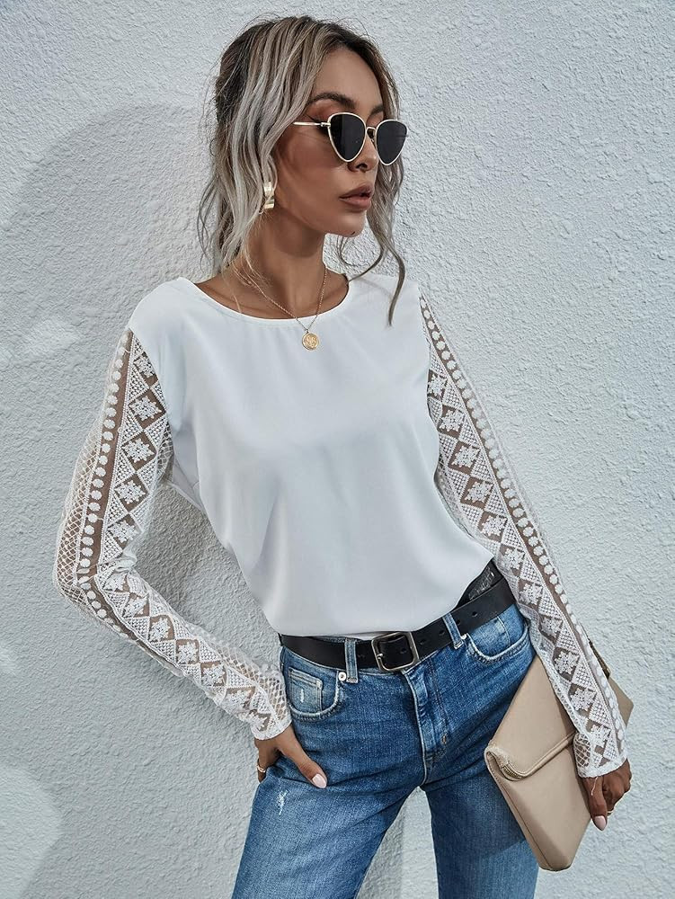 Women's Contrast Mesh Lace Embroidered Tie Black Long Sleeve Top Tee Blouse | Amazon (US)