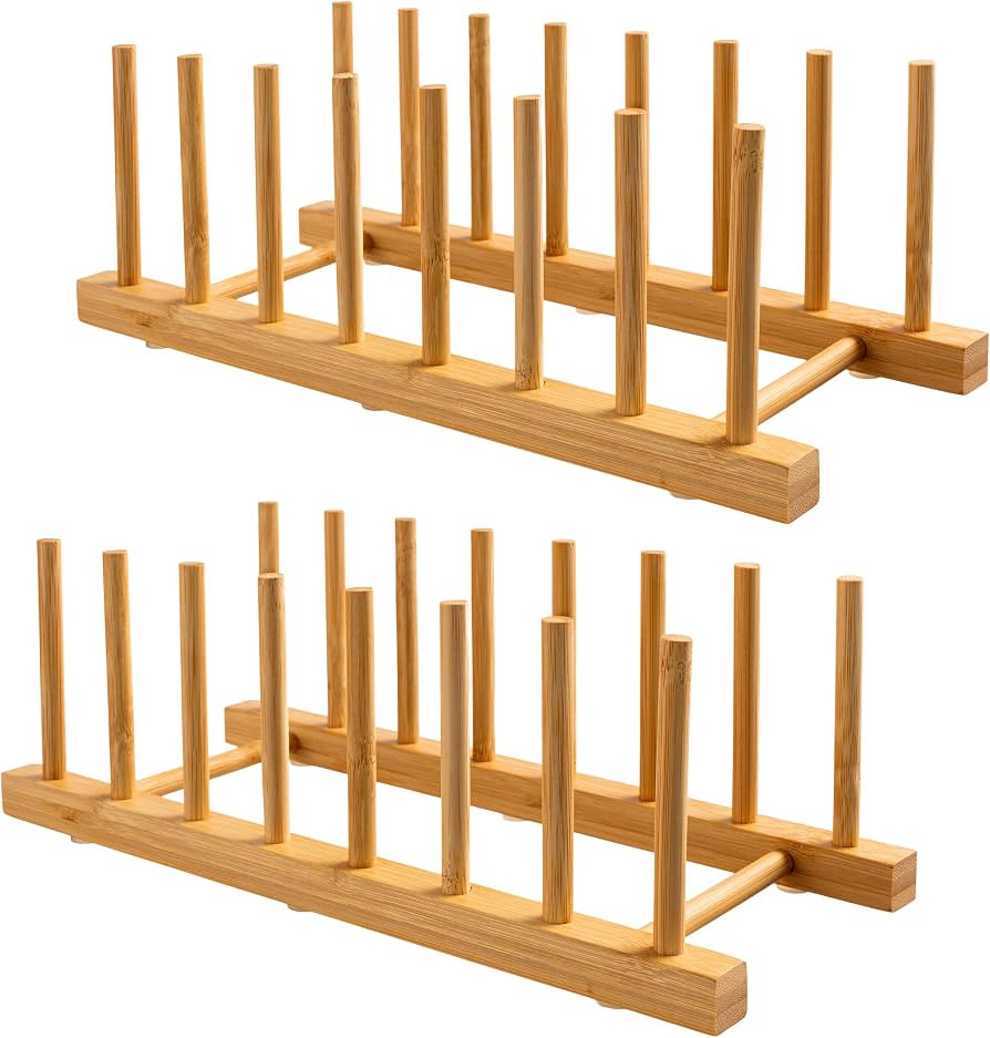 HBlife 2-Pack Bamboo Wooden Dish Rack Holder Space-Saving Vertical Organizer for Plates, Cups, Po... | Amazon (US)