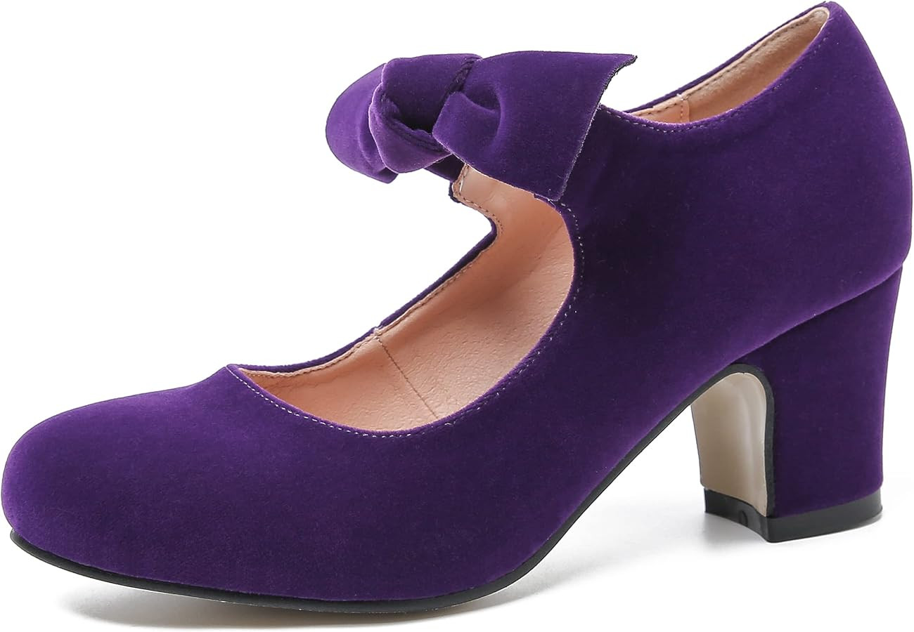 Women's Bow Mary Jane Low Block Chunky Heels Pumps Round Toe Low Heels Ankle Strap Wedding Dress ... | Amazon (US)