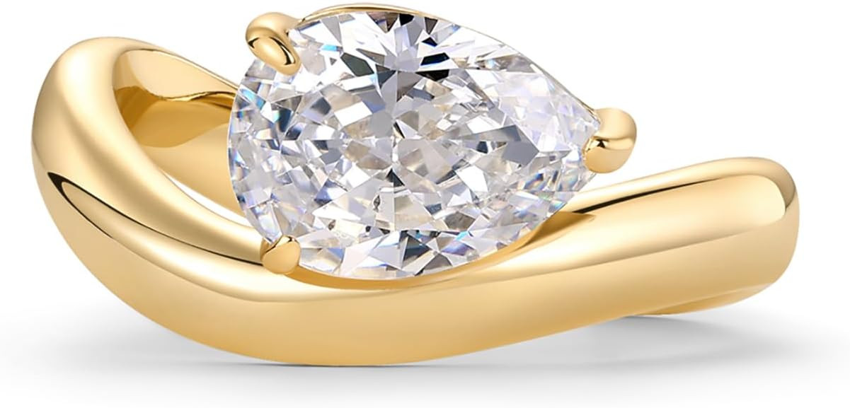 PAVOI 14K Gold Plated Wavy Engagement Ring for Women | Solitaire Cubic Zirconia Wedding Band & Promise Rings for Her | Trendy Fashion Jewelry | Amazon (US)