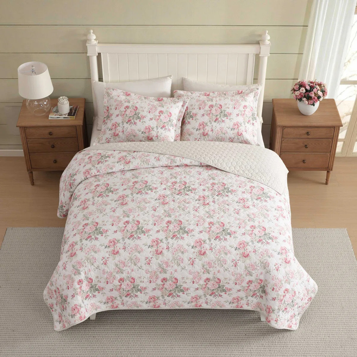 Laura Ashley Rosemoore Green Cotton Reversible Quilt Set | Wayfair North America