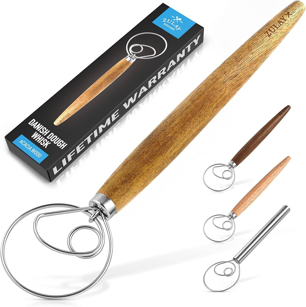 Zulay Kitchen 13 Inch Danish Dough Whisk - Large Wooden Danish Whisk For Dough With Stainless Ste... | Amazon (US)