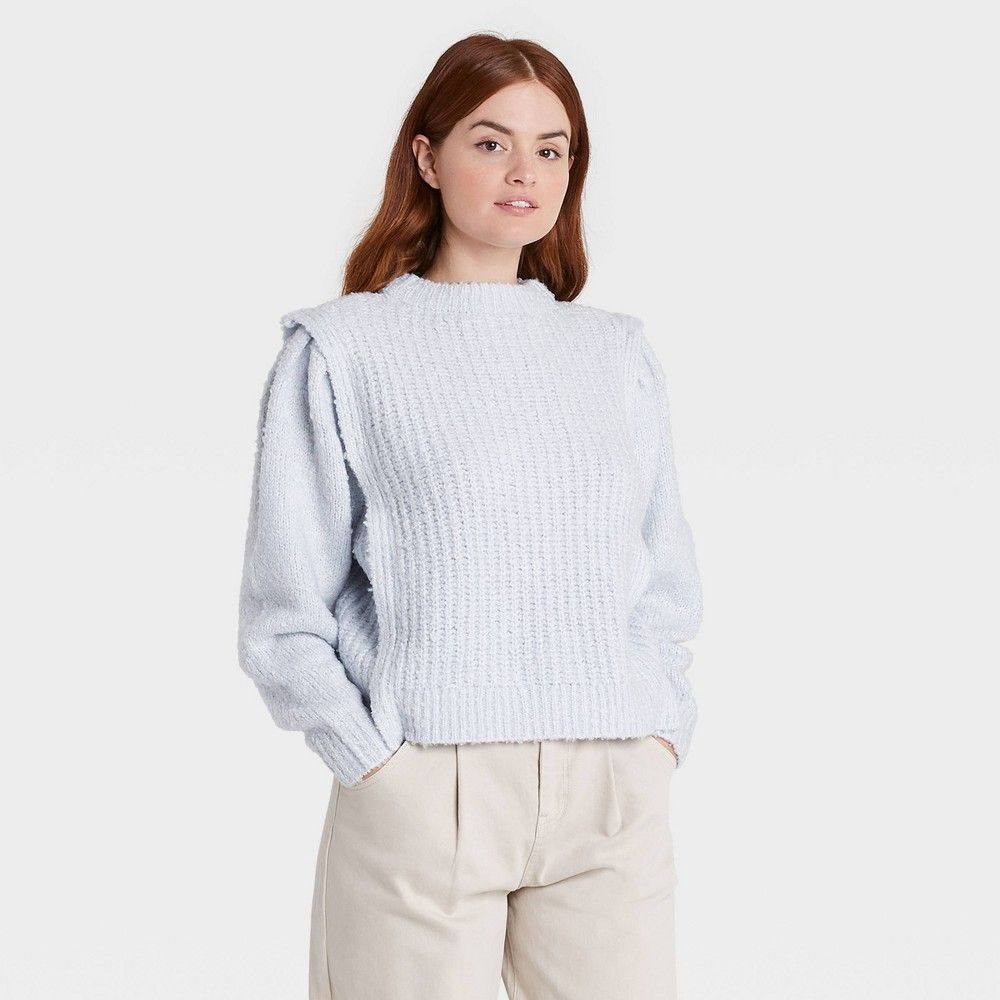 Women's Crewneck Boucle Cable Pullover Sweater - Prologue Blue S | Target