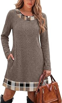 OFEEFAN Fall Dresses for Women 2026 Long Sleeve Sweater Dress Color Block | Amazon (US)