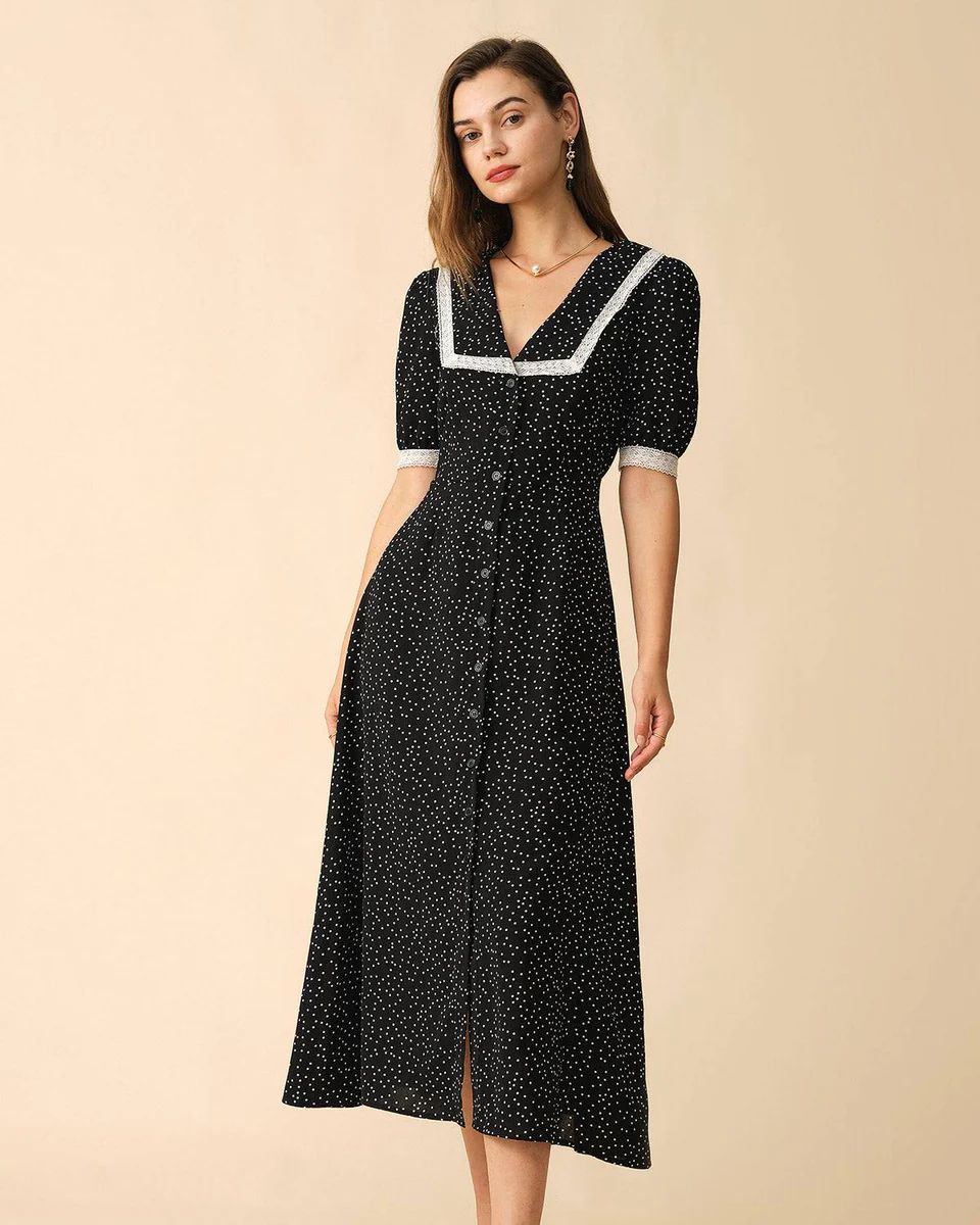 The Polka Dot Lace Trim Midi Dress - Black Lace Sleeves Polka Dot V Neck Dress - Black - Dresses ... | rihoas.com