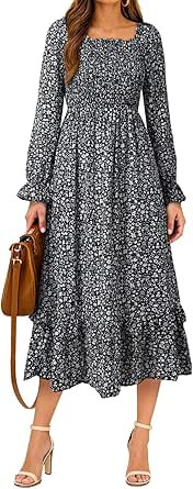 Dokotoo Boho Dresses for Women 2025 Casual Floral Square Neck Long Sleeve Smocked Elastic Waist T... | Amazon (US)