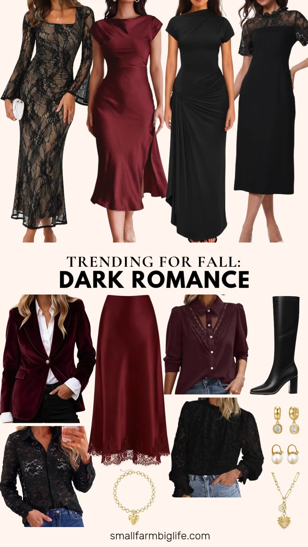 Dark romance is the fall trend I keep coming back to this year, moody burgundy and wine tones with lace, satin, and velvet details.

Think a lace trim satin midi skirt, a velvet blazer perfect for the office or a fall party, and layered lace tops in burgundy and black for date night or dressy casual outfits. A lace bodycon maxi dress or a satin cap sleeve midi dress covers your wedding guest and cocktail needs, and a pair of black knee high boots grounds the whole look. Finish it off with a chunky gold heart necklace and statement hoop earrings for that romantic, moody edge.

#darkromance #fallfashion #falloutfits #amazonfashion #datenightoutfit 

 #LTKOver40 #LTKWedding