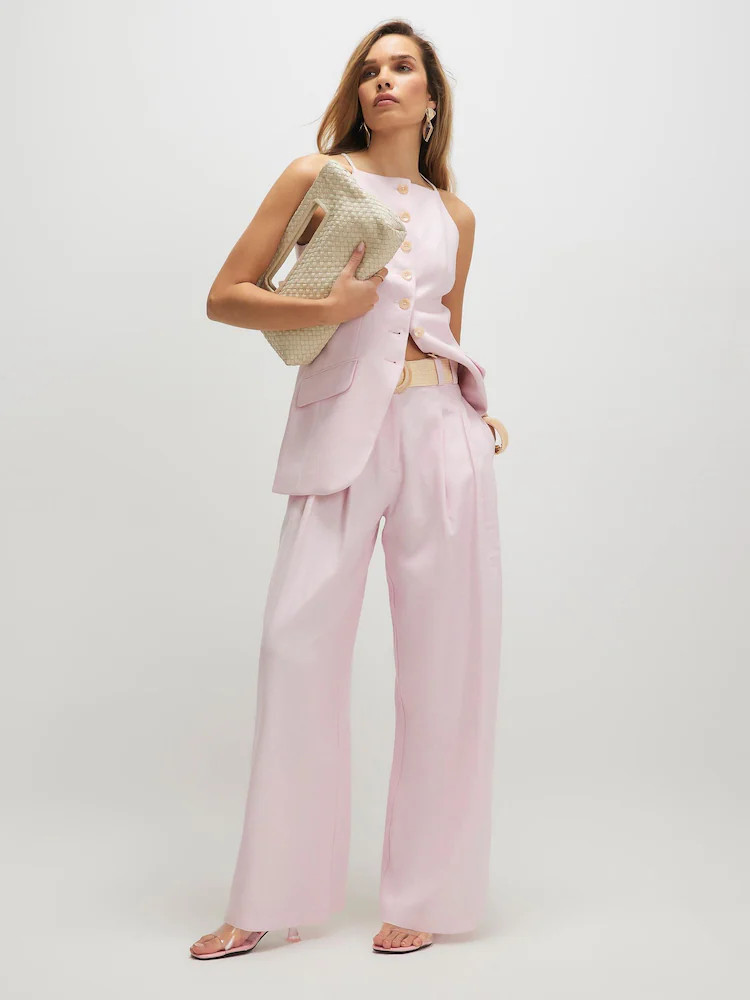 River Island Pink Belted Wide Leg Linen Blend Trousers | Next US