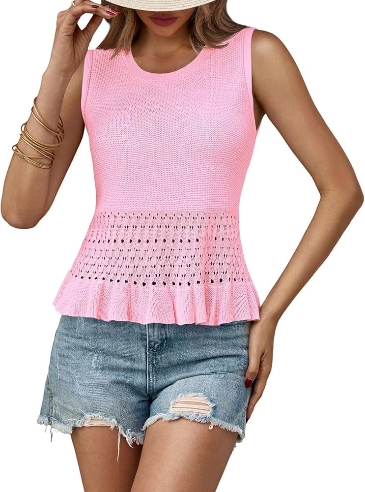 Saodimallsu Womens Crochet Crop Tank Tops Sleeveless Crew Neck Ruffle Summer Boho Knit Sweater Ve... | Amazon (US)
