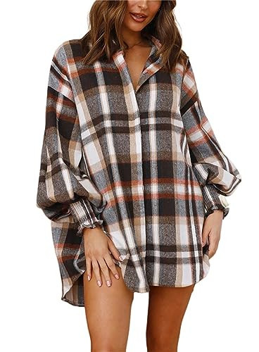 Plaid Flannel Shirts for Women - Oversized Long Sleeve Button Down Shirt Dresses Shacket Blouse Tops Gray S | Amazon (US)