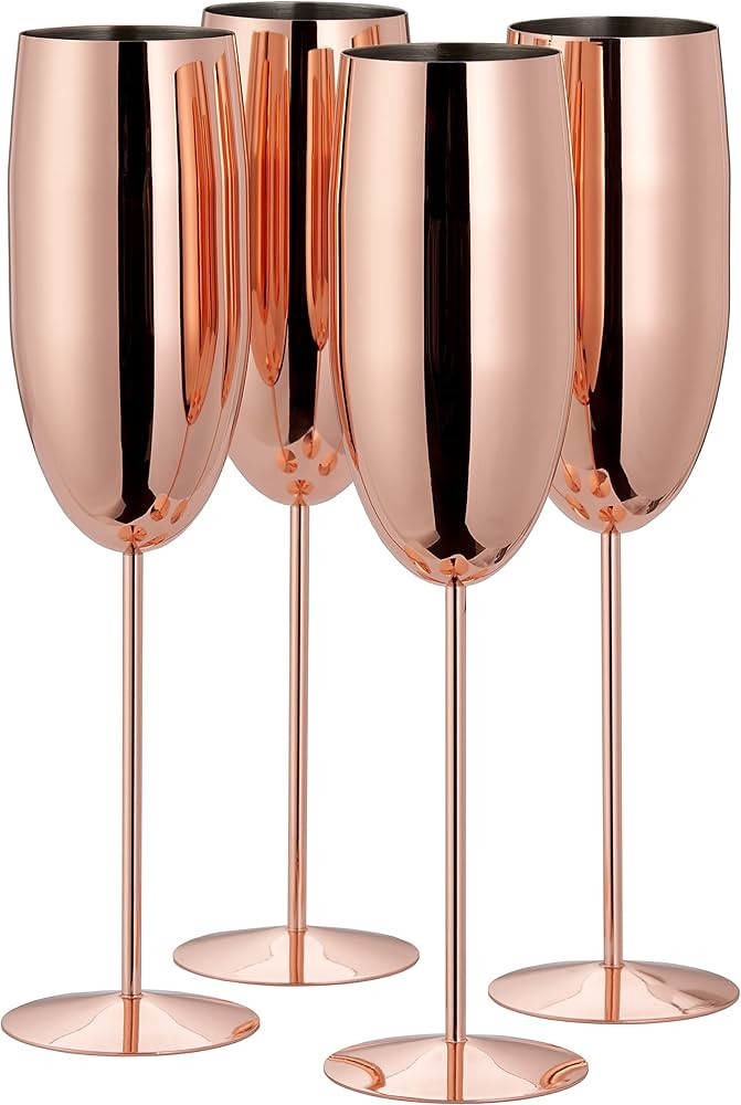 Oak & Steel - 4 Stainless Steel Copper Rose Gold Champagne Prosecco Flutes, 285ml - Unbreakable G... | Amazon (UK)
