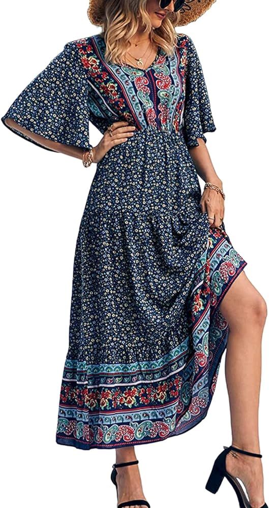 Women's Bohemian Flower Print Long Dress, V-Neck Puff Loose Swing Maxi Beach Dress Fashion Smocke... | Amazon (US)