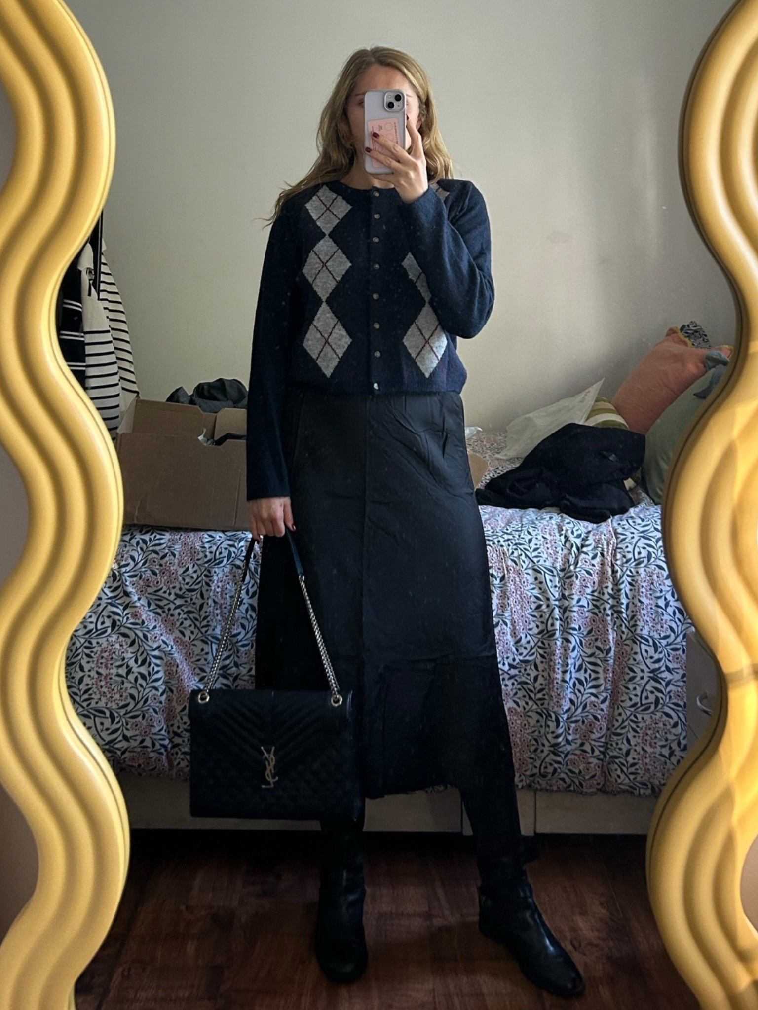 Argyle cardigan, H&M, pringle cardigan, golf cardigan, grandpacore, black satin skirt, workwear, autumn, ZARA, Saint Laurent college bag, black knee high boots 

 #LTKautumn #LTKwinter #LTKworkwear