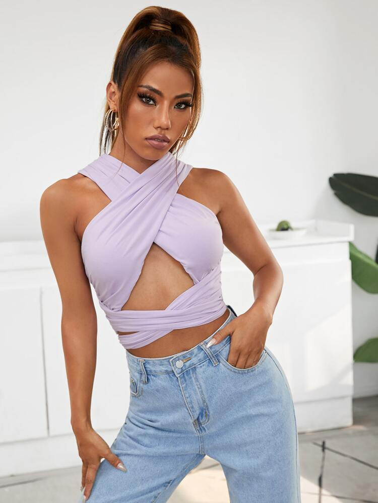 SHEIN Cross Wrap Front Tie Back Halter Top | SHEIN