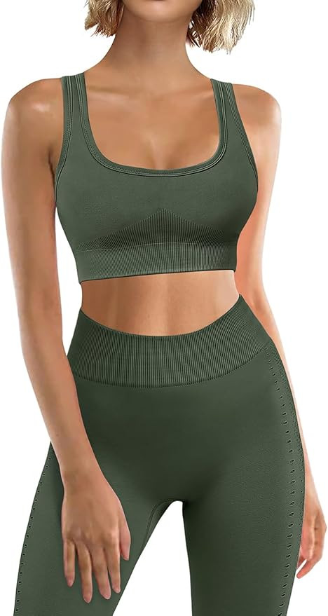 JZC Workout Outfits for Women 2 Piece Ribbed Seamless Yoga Leggings Exercise Sets | Amazon (US)