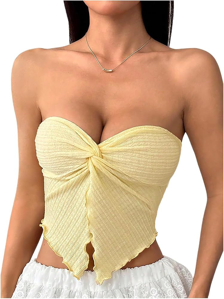 Women's Twist Front Ruffle Crop Tube Top Split Hem Textured Summer Bandeau Top | Amazon (US)