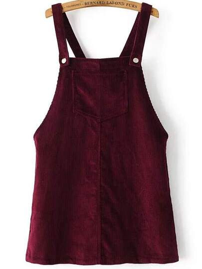 Burgundy Corduroy Overall Dress With Pocket | ROMWE