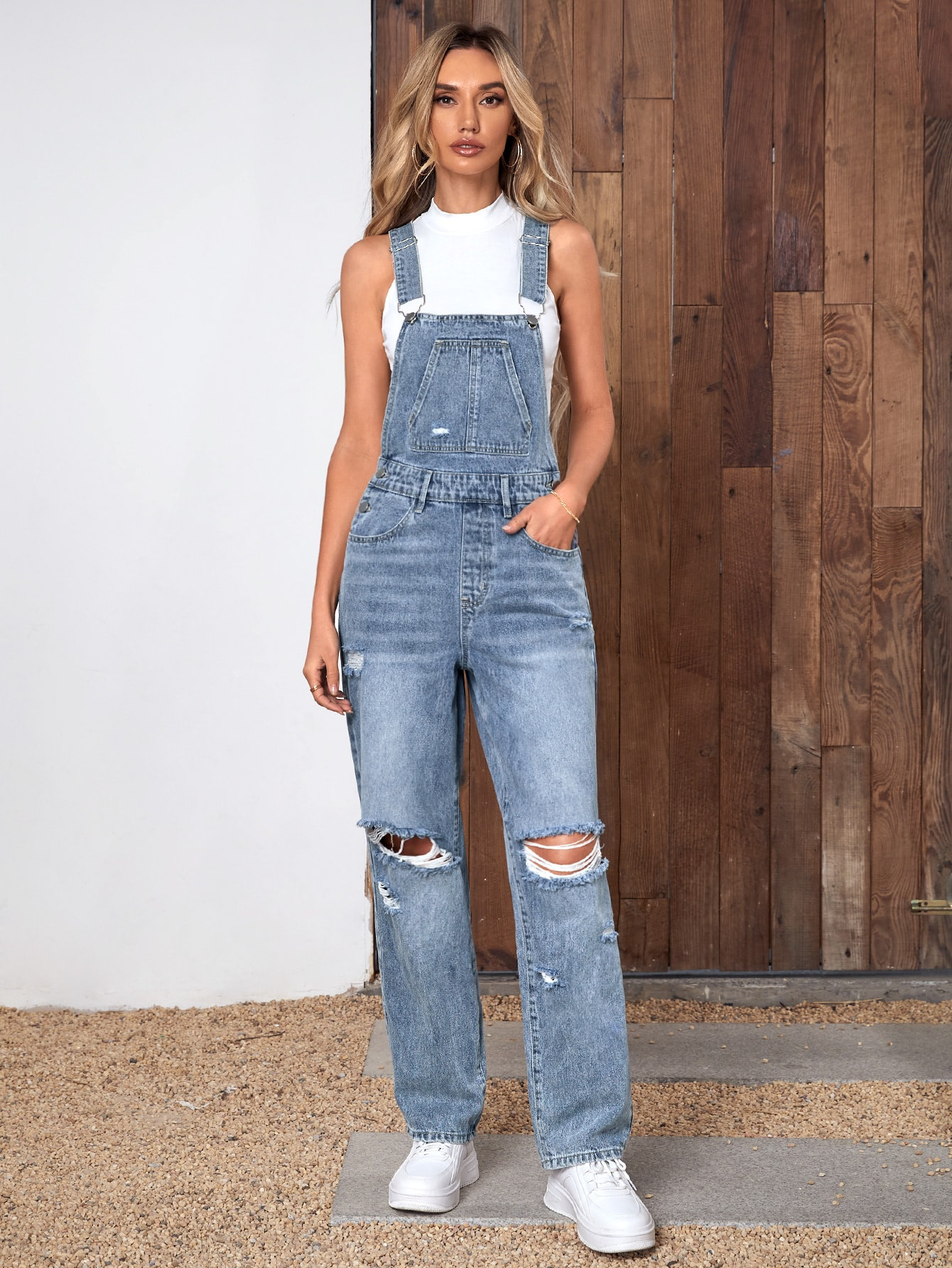 SHEIN Frenchy Ripped Patched Pocket Denim Overalls Without Tee | SHEIN