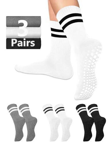 Pilates Grippy Socks with Grips for Women Men Non Slip Anti Skid Sticky Pure Barre Yoga Socks White Cute Crew Length Ideal for Ballet Dance Home Barefoot Workout Hospital Athletic Gripper Womens Socks | Amazon (US)