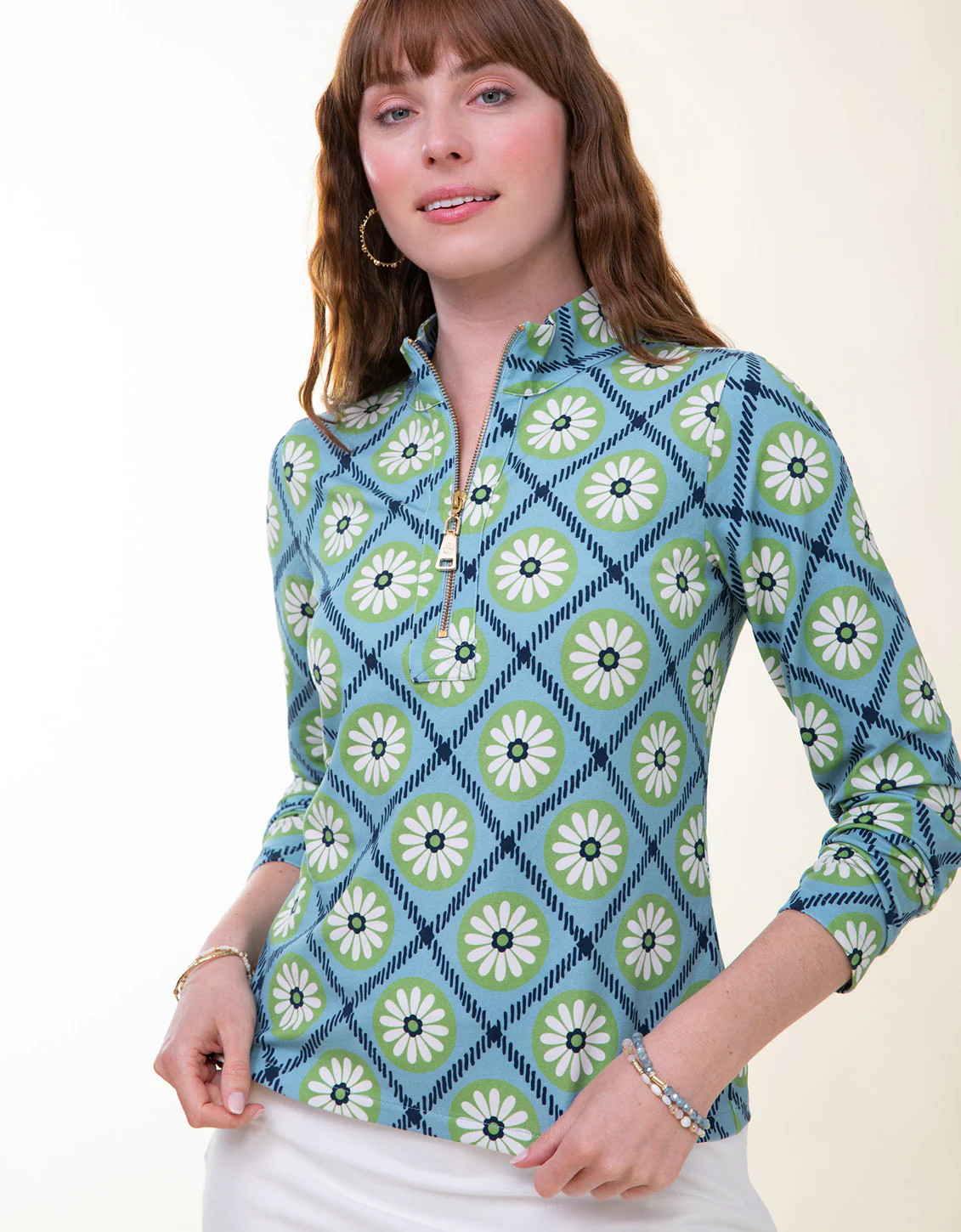 Nora Half-Zip Top Strathy Hall Daisy Geo | Spartina 449