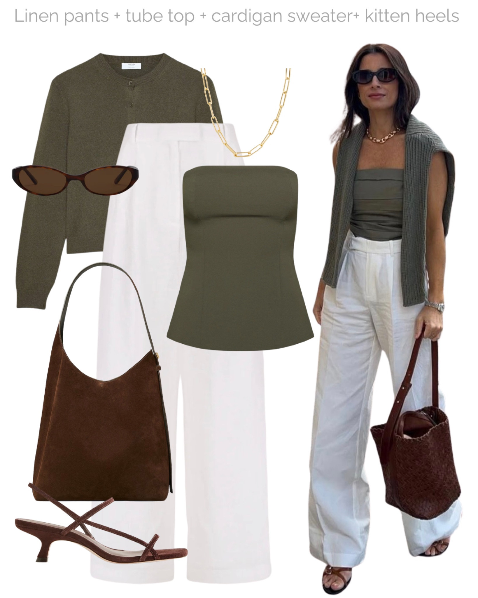 Linen tailored pants outfit 🤍

Tags: inspired by Pinterest, spring outfit, olive green cardigan sweater, aritzia tube top, brown suede bag, kitten heel sandals, gold chain necklace, elevated summer outfit, mothers day look  

#LTKgrwm #LTKootd #LTKMothersDay
