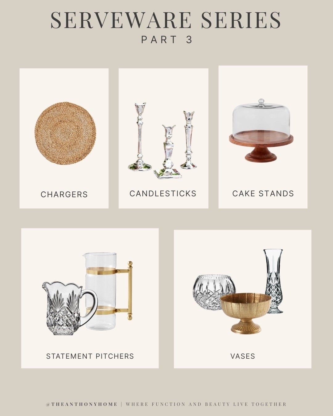 These are the pieces I reach for over and over again. They aren't reserved for special occasions—they're the foundation of tables that feel thoughtful without requiring a lot of effort.
✨ Chargers add instant texture and make even simple everyday dishes feel elevated. 🕯 Candlesticks create warmth and ambiance in minutes. 🍰 Cake stands aren't just for dessert—they're one of my favorite ways to add height to appetizers, bread, or seasonal décor. 🥂 Statement pitchers double as serving pieces and centerpieces. 🌿 A small collection of versatile vases makes fresh flowers feel easy instead of intimidating.
You don't need dozens of serving pieces. A handful of timeless, hardworking staples will take you through everything from casual family dinners to holiday gatherings.
I've linked the pieces I use most often in my Hostess Closet below. 🤍

#LTKHome