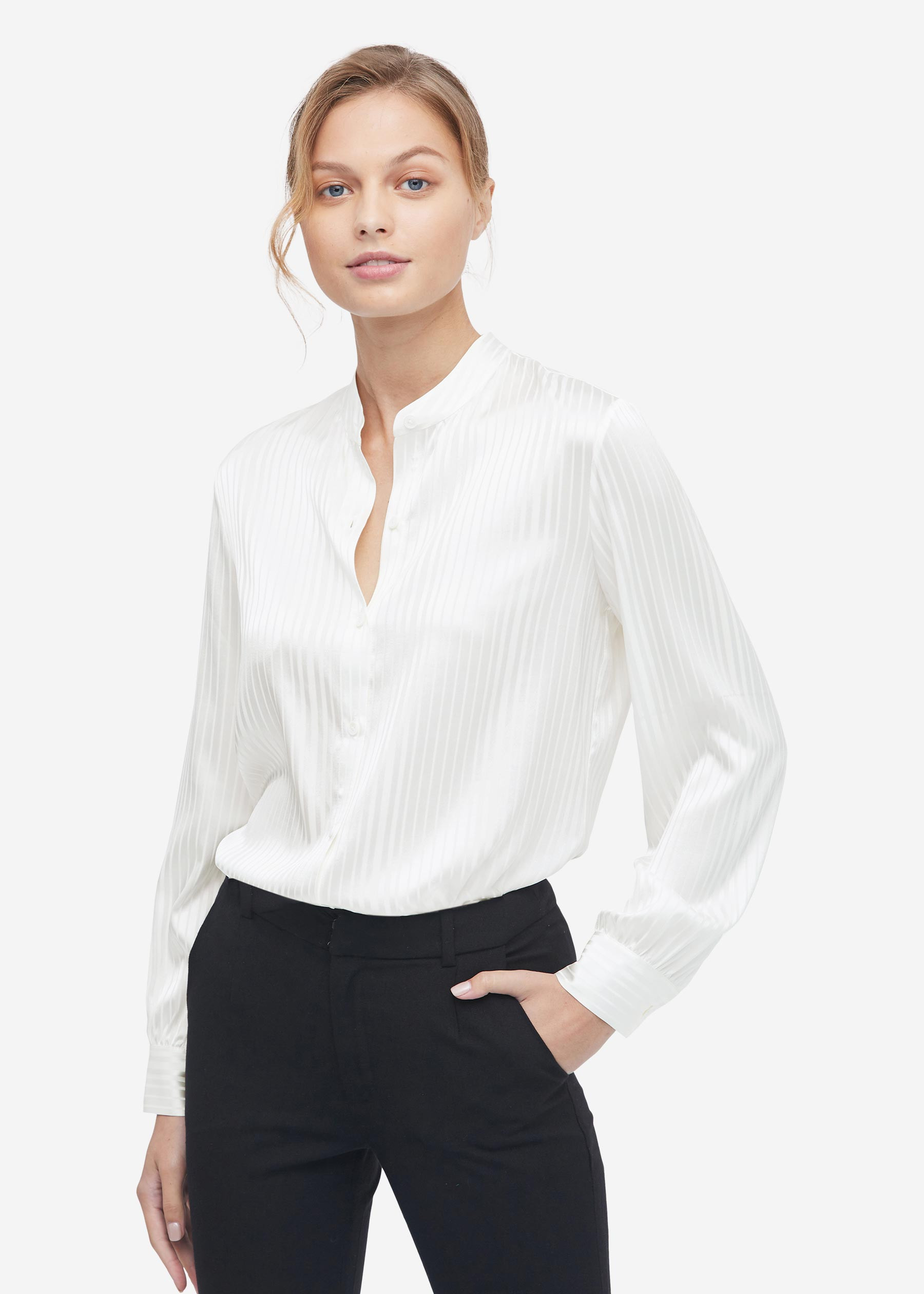 Mandarin Collar Striped Silk Shirt | LilySilk