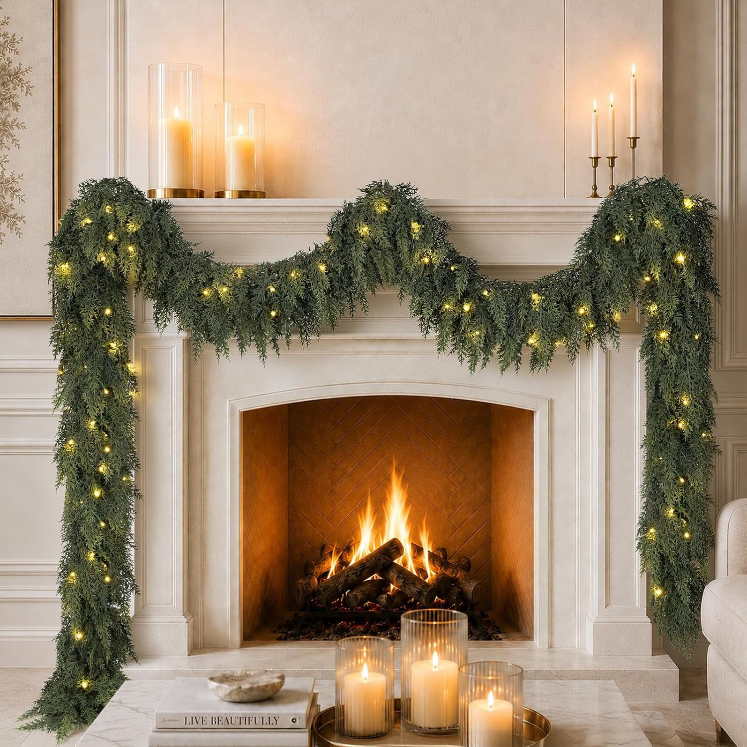12FT Pre-lit Christmas Cedar Garland with Lights Pine Garland Decoration | Amazon (US)
