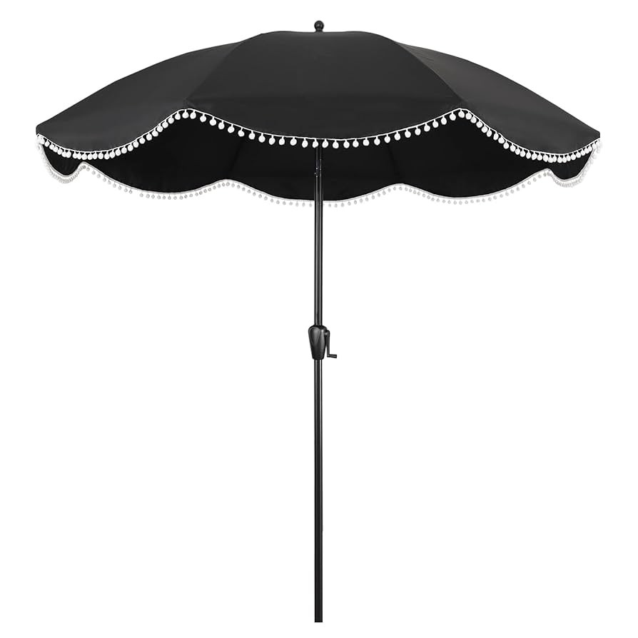 Sun-Ray 9' Patio Umbrella with Black Canopy and White Fringe Accents, Black Frame Market Umbrella... | Amazon (US)