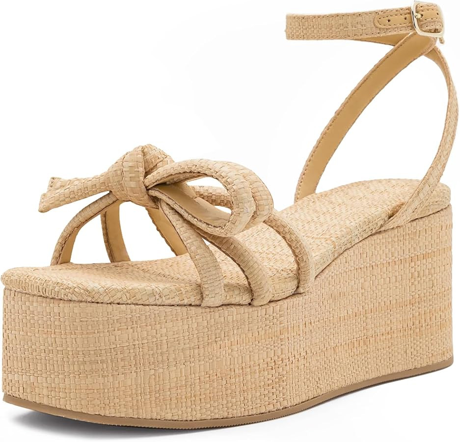 Raffia Platform Sandals for Women,Bow Ankle Strappy Espadrille Wedges Sandals Comfortable Square ... | Amazon (US)