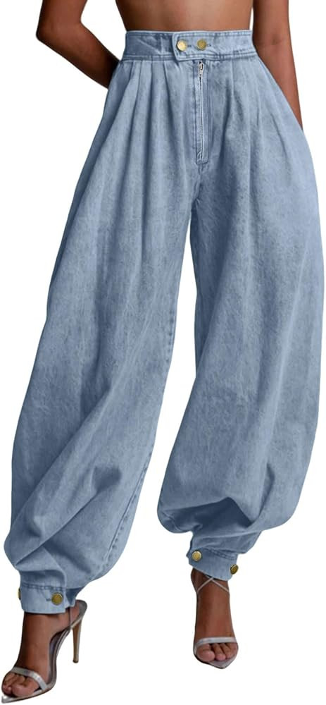 loveimgs Women Baggy Harem Jeans Joggers Denim Pants Wide Leg Jeans High Rise Sweatpants Tapered ... | Amazon (US)