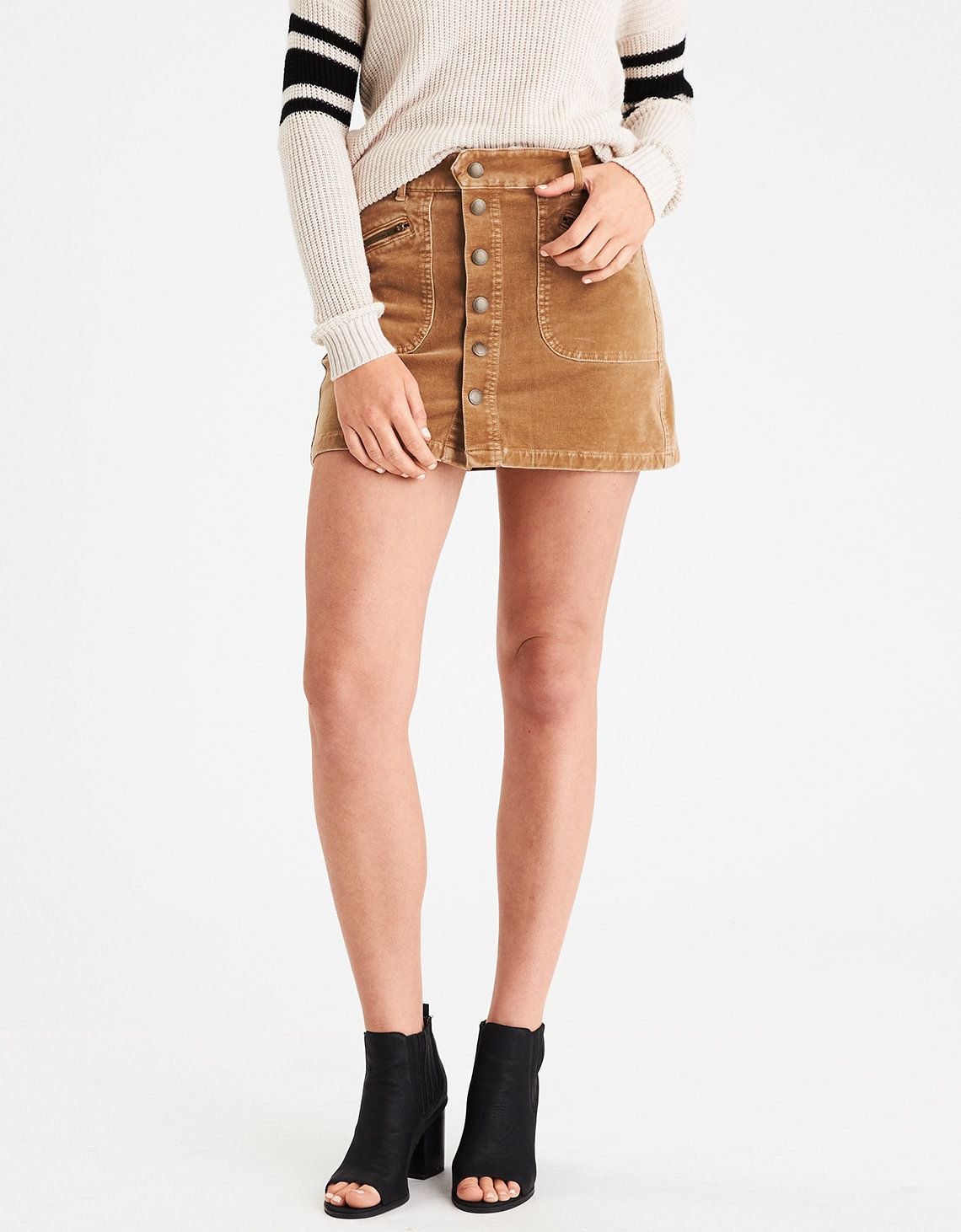 AEO Button-Front Corduroy Skirt, Sand | American Eagle Outfitters (US & CA)