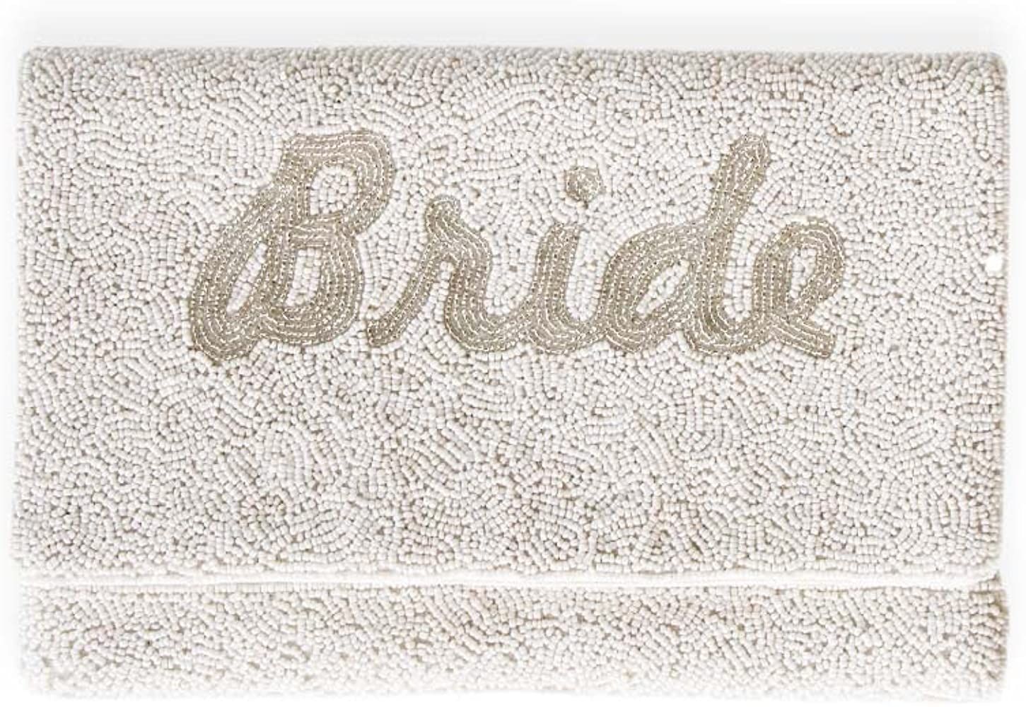 BRIDE Clutch for Wedding Day, Beaded Bride Purse for Bachelorette, Silver Bride Bag, Bridal Shower & | Amazon (US)