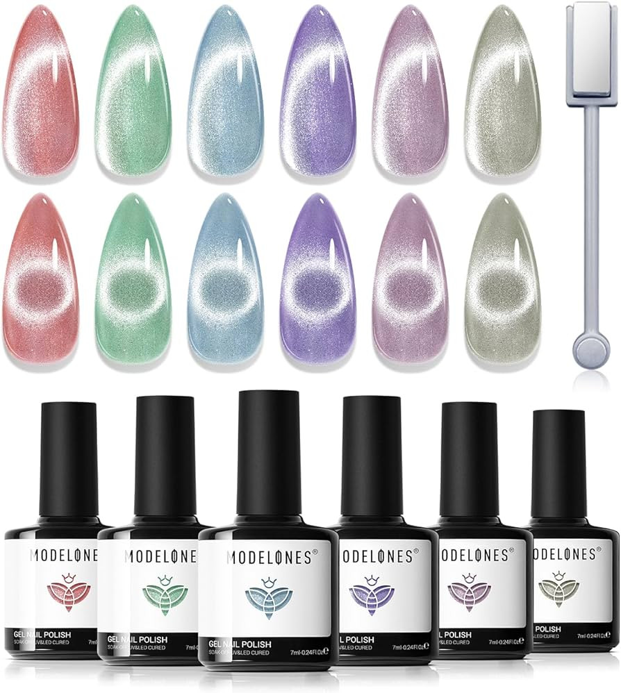Modelones Cat Eye Gel Nail Polish Set, 6 Colors Holographic Red Blue Purple Silver Gel Polish Gli... | Amazon (UK)