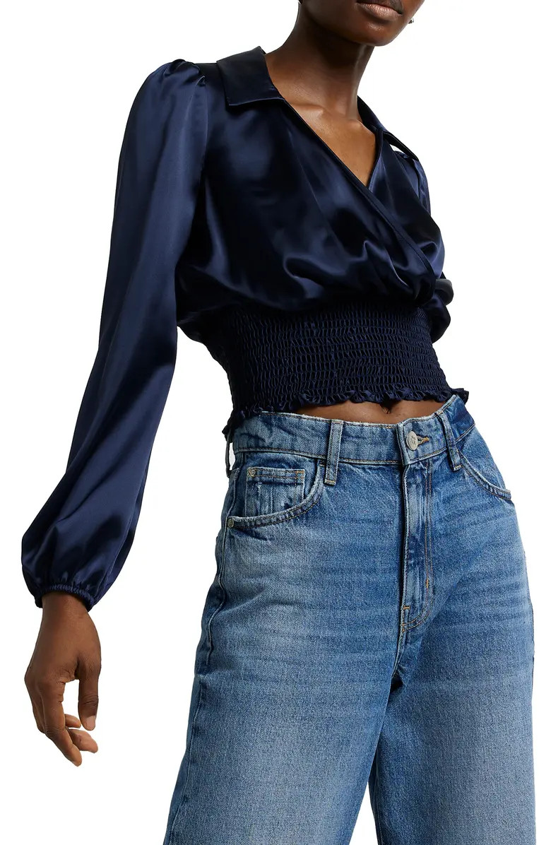 River Island Faux Wrap Smock Waist Stretch Satin Crop Top | Nordstrom | Nordstrom