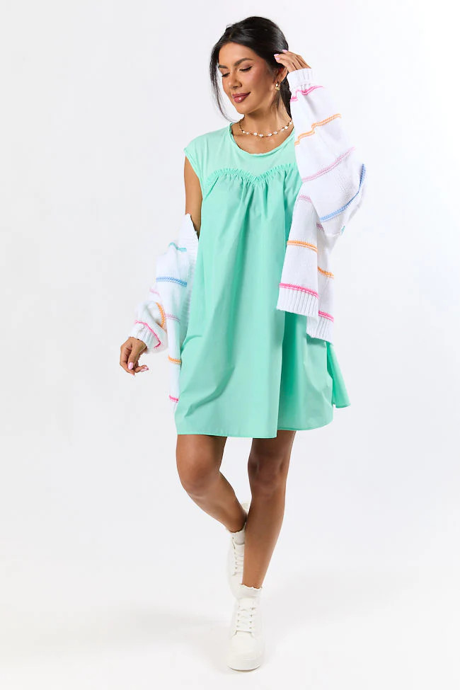 All The Buzz Mint Knit and Woven Mix Dress | Pink Lily