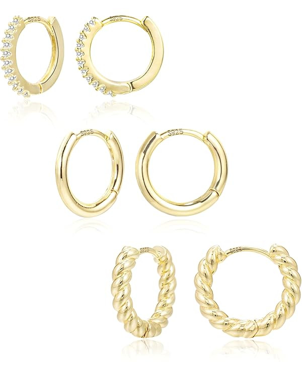 3 Pairs Small Huggie Hoop Earrings Set 14K Gold Hypoallergenic Lightweight Huggie Hoops Earrings ... | Amazon (US)