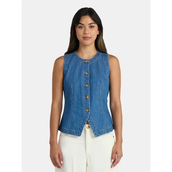 Time and Tru Women's Button Up Denim Vest, Sizes XS-XXXL - Walmart.com | Walmart (US)
