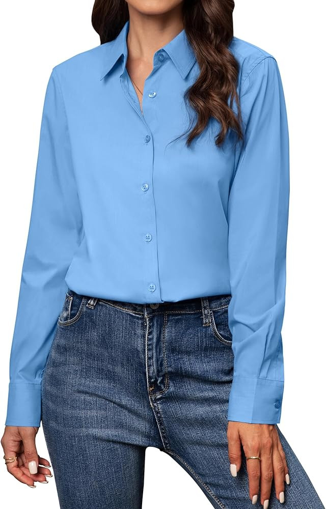 Button Down Shirts for Women Classic Fit Dress Shirt Work Business Casual Long Sleeve Blouse Tops | Amazon (US)