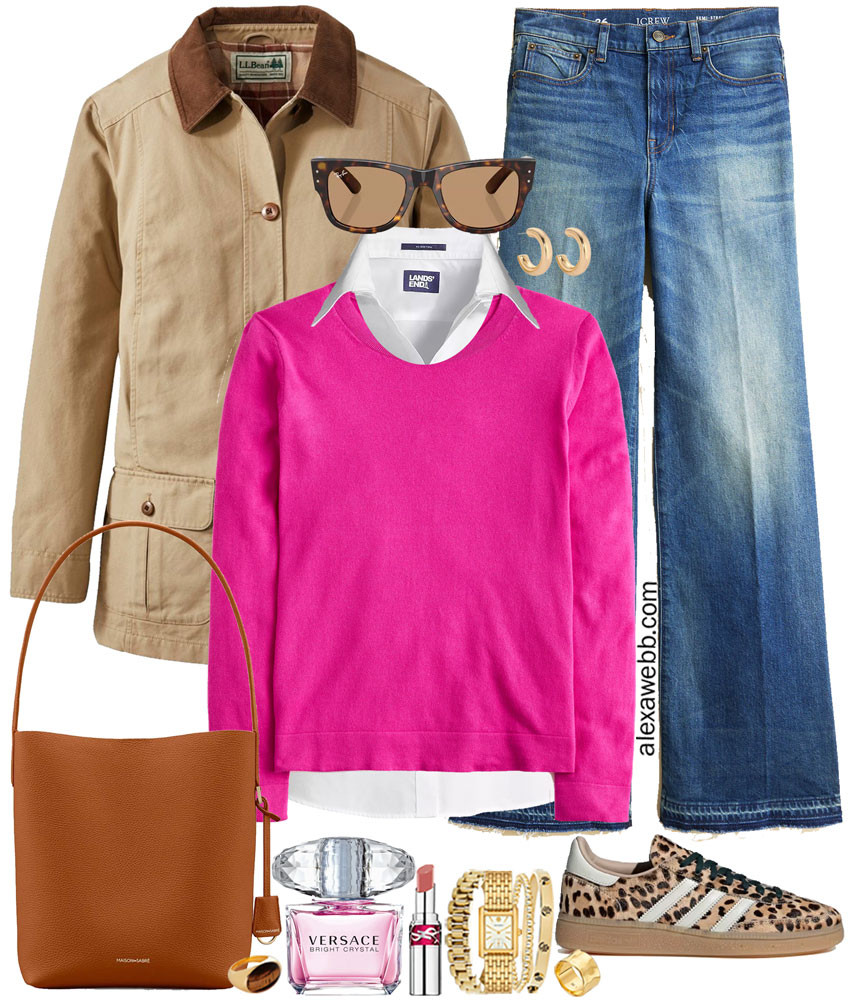Plus Size Pink Sweater Preppy Outfits - A plus size casual outfit with a plus size bright pink sweater layered over a white button up shirt, wide leg jeans, leopard adidas sneakers, and a camel barn jacket. A cute, preppy, and bright plus size outfit for casual days this winter into spring. Alexa Webb #plussize #alexawebb #alexawebbfashion 

 #LTKOver40 #LTKMidsize #LTKPlusSize