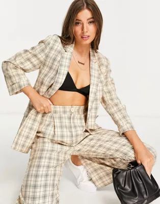 Stradivarius double breasted blazer co-ord in beige check | ASOS (Global)