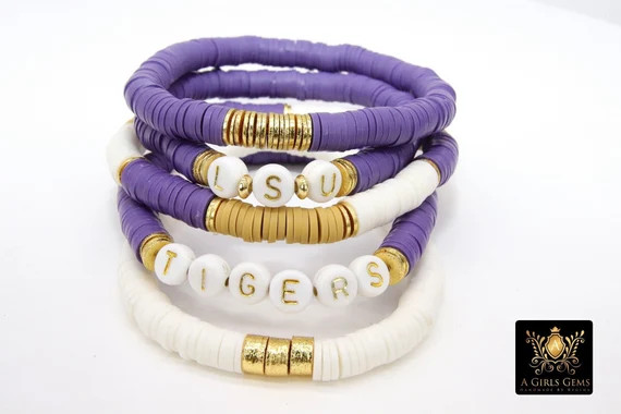 LSU Heishi Beaded Bracelet 6 Mm Purple White Gold Stretchy - Etsy | Etsy (US)