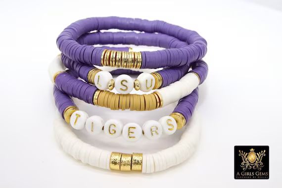 LSU Heishi Beaded Bracelet 6 Mm Purple White Gold Stretchy - Etsy | Etsy (US)